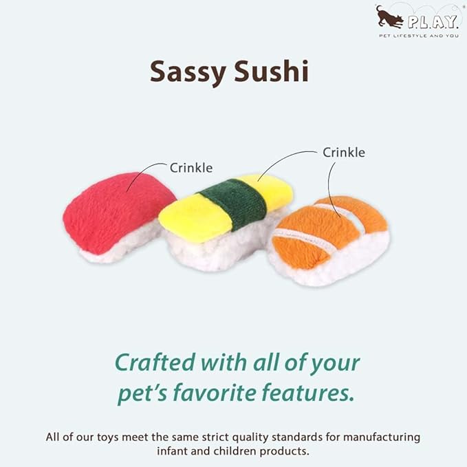 P.L.A.Y. Cute Cat Toys - Feline Frenzy Sushi Food Themed Catnip Filled Toy, Great for Adult Cats and Kittens - Machine Washable, Double Stitched, Recycled Materials, Crinkles (Sassy Sushi, Set of 3)