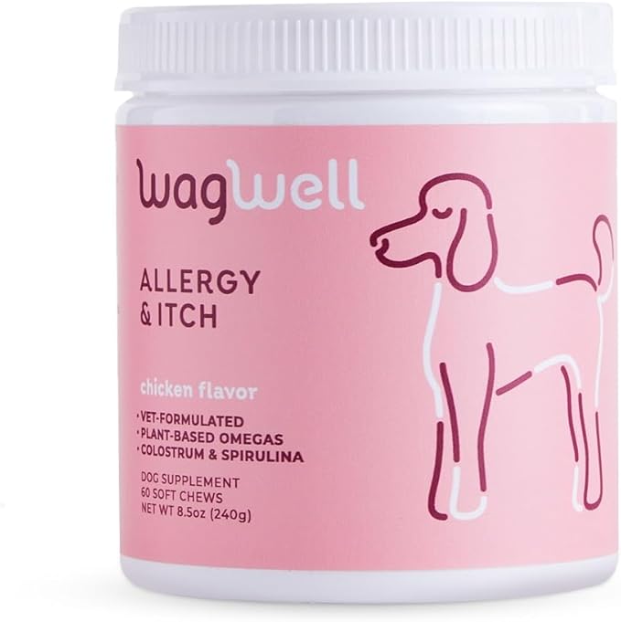 WagWell Allergy and Itch Chews – Chicken Flavored – Plant Based with Colostrum and Spirulina – Dog Skin and Coat Supplement for Itch Relief and Digestive Health, 60 Chews