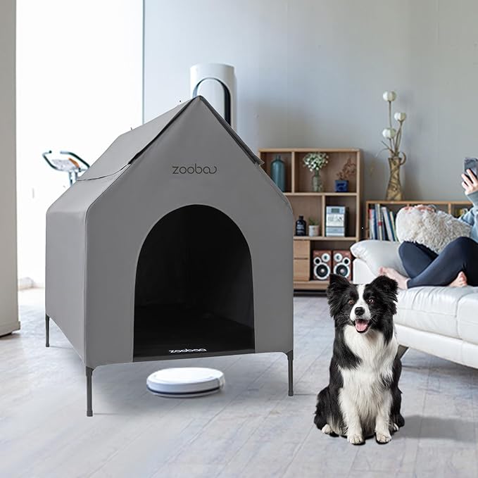 36" Large Dog House for Large Dog Indoor or Outside, Weatherproof 600D PVC Outdoor, Featuring Breathable 2x1 Textilene Elevated Dog Bed, Easy Clean(Grey)