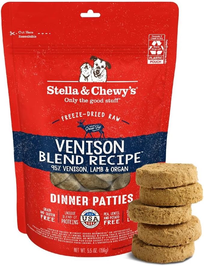 Stella & Chewy's Freeze-Dried Raw Dinner Patties - Venison Blend Recipe - High Protein Grain-Free Puppy & Dog Food - Perfect For Picky Eaters - 5.5 oz