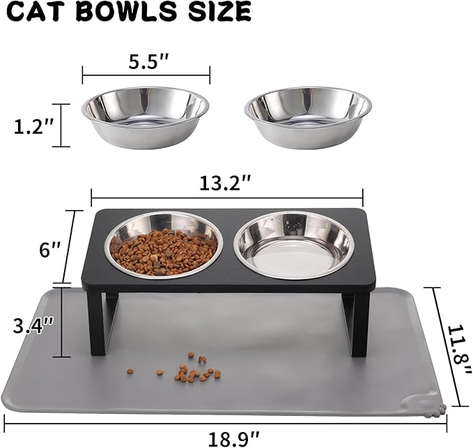 Upgraded Elevated Cat Bowls with Food Mat,15°Tilted Stand Anti Vomiting Raised Cat Dishes for Food and Water,2 Stainless Steel Bowls for Cats and Puppy(Black)