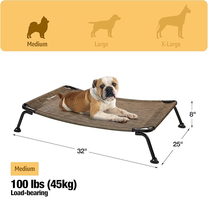 Veehoo Outdoor Elevated Dog Bed, Cooling Raised Dog Cots Beds for Medium Dogs, Portable Waterproof Curved Dogs Hammock Bed for Outside, up to 100lbs, Black Legs, Brown 32"