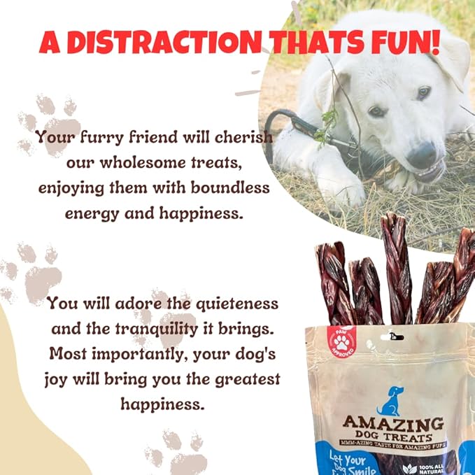 Amazing Dog Treats - 6 Inch Braided Gullet Stick (8 Pc/Pack) - Dog Jerky Treats - Beef Esophagus -Gullet for Dogs - Beef Esophagus Dog Treats