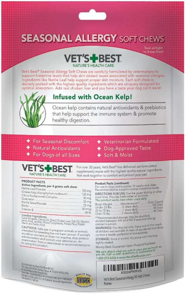 Vet's Best Seasonal Allergy Soft Chew Dog Supplements - Soothes Dogs Skin Irritation Due to Seasonal Allergies - Maintain Histamine Levels - 90 Day Supply