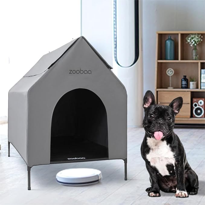 29" 2-in-1 Dog House for Medium Dogs, Elevted Dog House Outdoor/Indoor, Weatherproof Elevated Pet Shelter, Breathable Mesh & Steel Frame, Easy to Assemble & Clean(Grey)