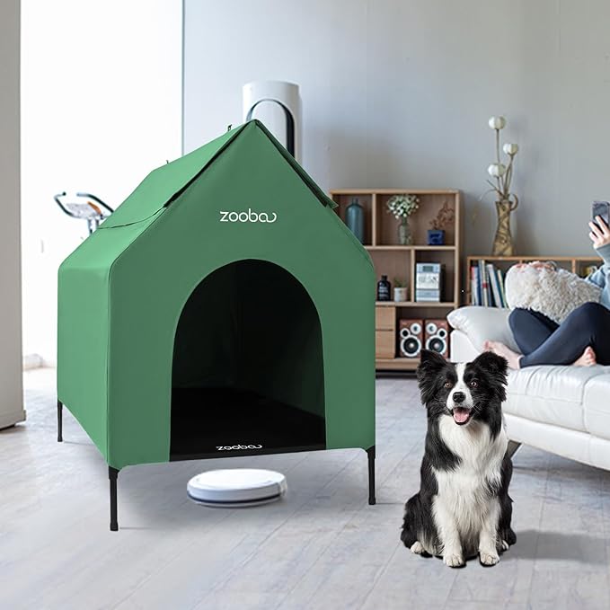 36" Large Dog House for Large Dog Indoor or Outside, Weatherproof 600D PVC Outdoor, Featuring Breathable 2x1 Textilene Elevated Dog Bed, Easy Clean (Green)