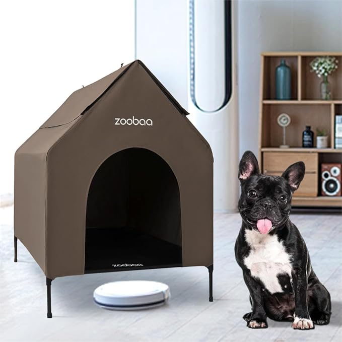 29" 2-in-1 Dog House for Medium Dogs, Elevted Dog House Outdoor/Indoor, Weatherproof Elevated Pet Shelter, Breathable Mesh & Steel Frame, Easy to Assemble & Clean(Brown)
