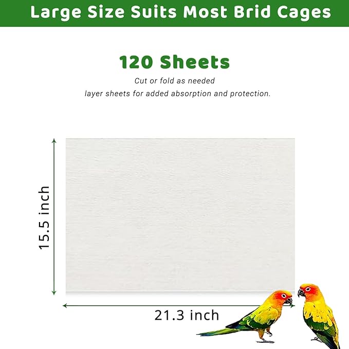 120 Pcs Bird Cage Liner Papers Big Size Cage Paper Liners Disposable Cage Paper Liners Precut Absorbent Cushion Pad Mat Accessories for Pet Bird Parrot