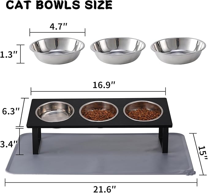 Upgraded Elevated Cat Bowls with Food Mat,15°Tilted Stand Anti Vomiting Raised Cat Dishes for Food and Water,3 Stainless Steel Bowls for Cats and Puppy(Black)