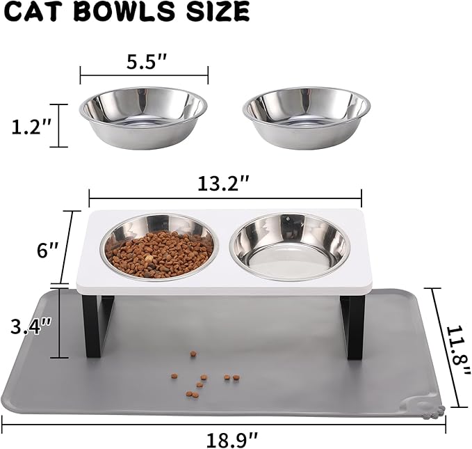 Upgraded Elevated Cat Bowls with Food Mat,15°Tilted Stand Anti Vomiting Raised Cat Dishes for Food and Water,2 Stainless Steel Bowls for Cats and Puppy(White)