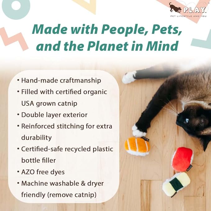 P.L.A.Y. Cute Cat Toys - Feline Frenzy Sushi Food Themed Catnip Filled Toy, Great for Adult Cats and Kittens - Machine Washable, Double Stitched, Recycled Materials, Crinkles (Sassy Sushi, Set of 3)