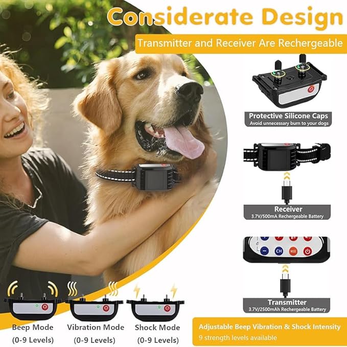 Wireless Dog Fence, 2024 Pet Boundary Containment System, Electric Dog Fence & Remote Training Collar 2in1, Adjustable Vibration & Shock, IP65 Waterproof Collar for Large and Medium Dogs ,for2dogs