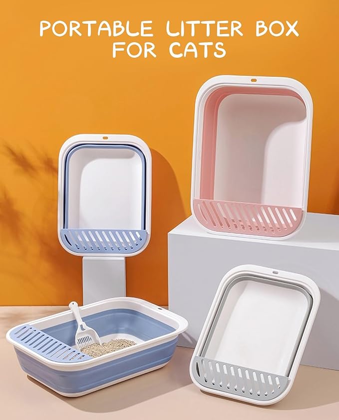 BNOSDM Foldable Small Cat Litter Box for Kittens Open Potty Pan Collapsible Cat Toilet with Scoop Senior Kitty Travel Shallow Litters Boxes Anti-Splash Waterproof for Small-Sized Cats Pink