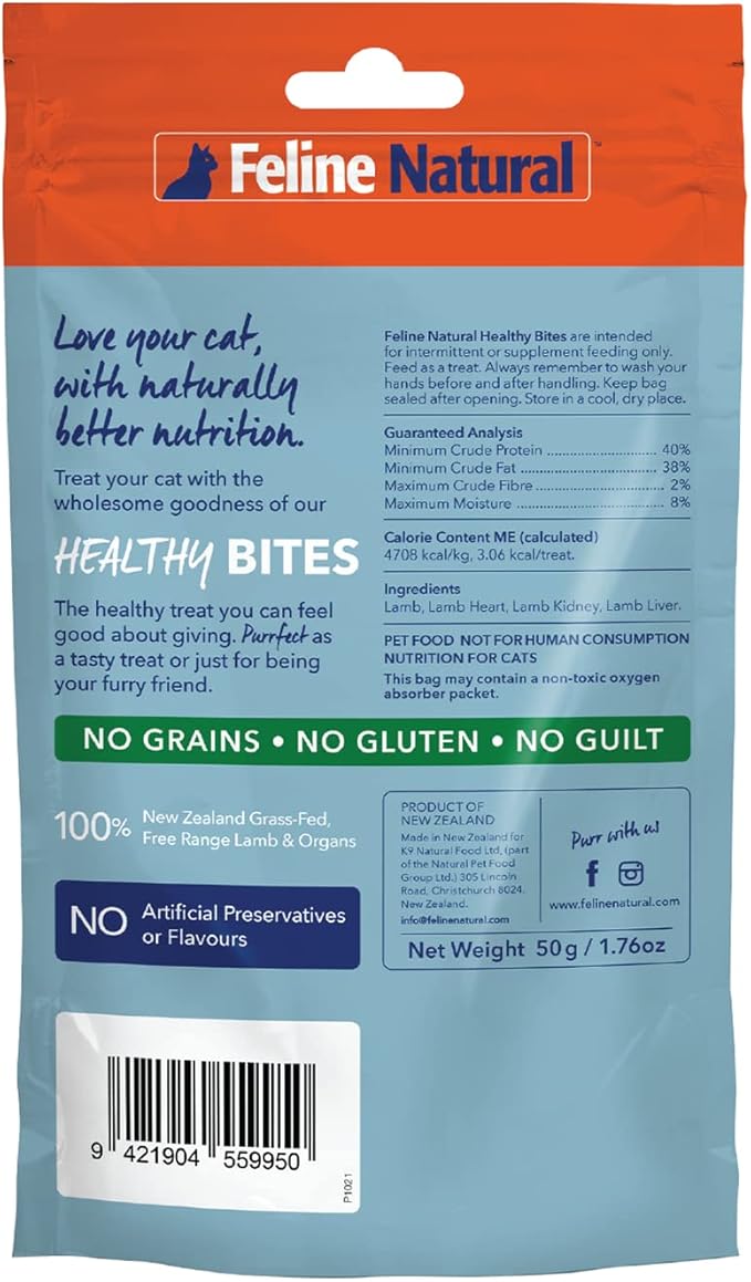Feline Natural Freeze Dried Cat Treats – New Zealand Single-Source Protein Treats for Cats - Grain-Free Healthy Cat Snacks, Lamb Bites, 1.76oz