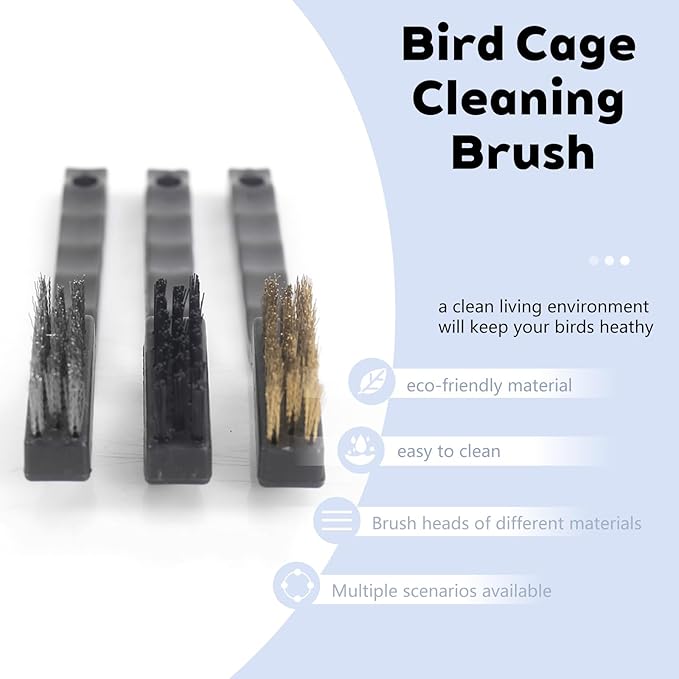3PCS Bird Cage Cleaning Brush Set-Copper,Nylon and Stainless Steel Wire Brushes for Cleaning Parrot Cages, Kennels, and Perches,Removes Poop and Keeps Bird Cages Fresh,Essential Bird Cage Accessory