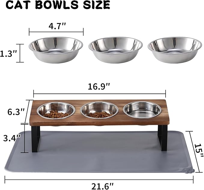Upgraded Elevated Cat Bowls with Food Mat,15°Tilted Stand Anti Vomiting Raised Cat Dishes for Food and Water,3 Stainless Steel Bowls for Cats and Puppy(Rustic Brown)