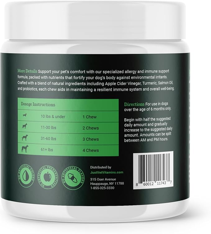 Allergy & Immune Chews for Dogs with Apple Cider Vinegar, Turmeric, Fennel Seed Meal, and Salmon Oil – Supports Digestive Health and Seasonal Allergy Relief – 90 Soft Chews
