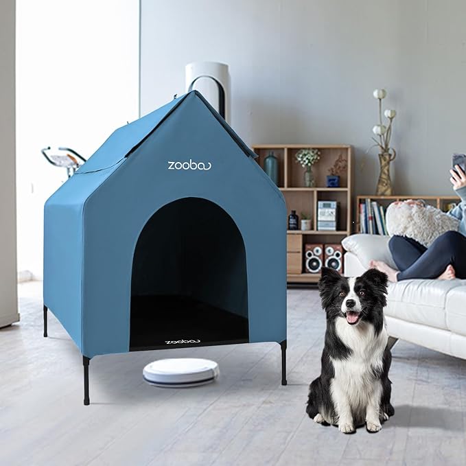 36" Large Dog House for Large Dog Indoor or Outside, Weatherproof 600D PVC Dog House Outdoor, Featuring Breathable 2x1 Textilene Elevated Dog Bed, Easy Clean(Blue)