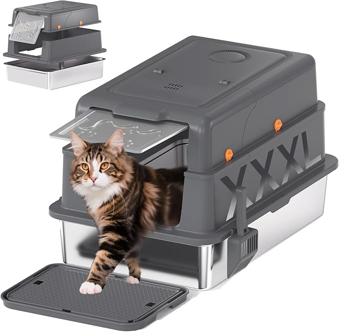 Homegroove XXXL Stainless Steel Litter Box with Lid, 28''x20''x18'' Extra Large Cat Litter Box with Litter Scoop & Pedal, Enclosed Metal Cat Litter Pan for Large & Multi-Cats, Anti-Leakage (Grey)
