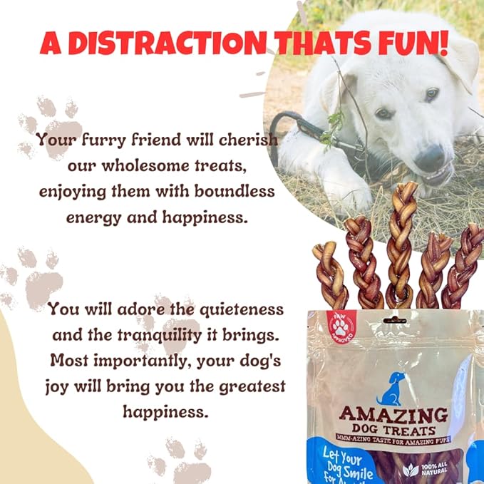 Amazing Dog Treats 6" Braided Bully Stick (5 Pcs/Pack) Bully Stick for Dogs - Made from Premium Grass Fed Beef
