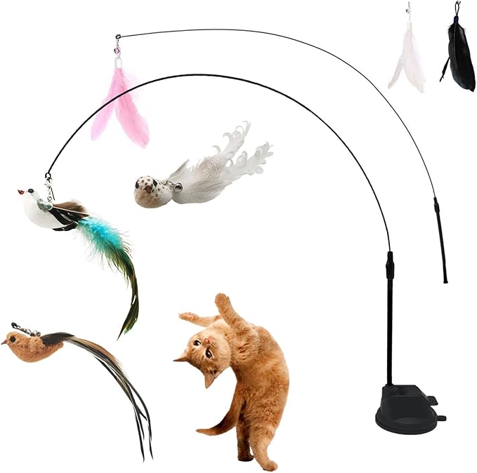 9PCS Suction Cup Cat Toy Set, Interactive Cat Toys for Indoor Cats with 2 Flexible Wands, Strong Suction Base and 3 Replacement Bird 3 Feather Toys with Bells for Kittens and Adults
