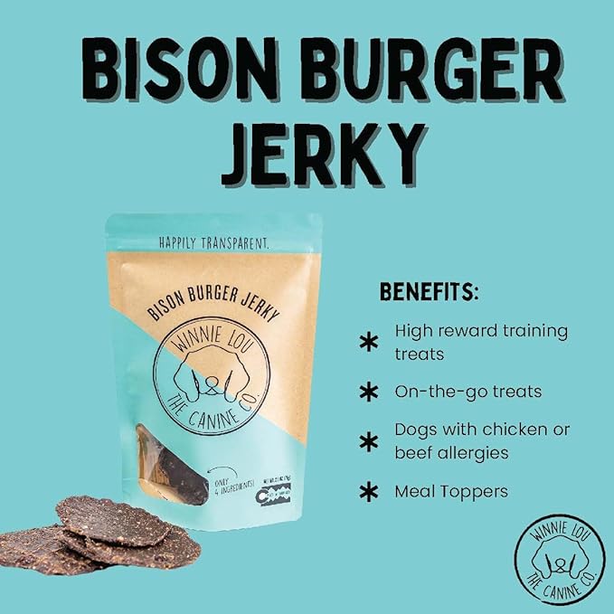 Winnie Lou Bison Burger Jerky Dog Treats – Limited Ingredient, Human Grade, Training Treats for Small, Medium & Large Dogs, Made in USA (2 Pack)