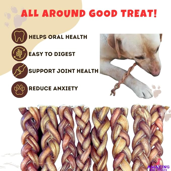 Amazing Dog Treats 6" Braided Bully Stick (5 Pcs/Pack) Bully Stick for Dogs - Made from Premium Grass Fed Beef
