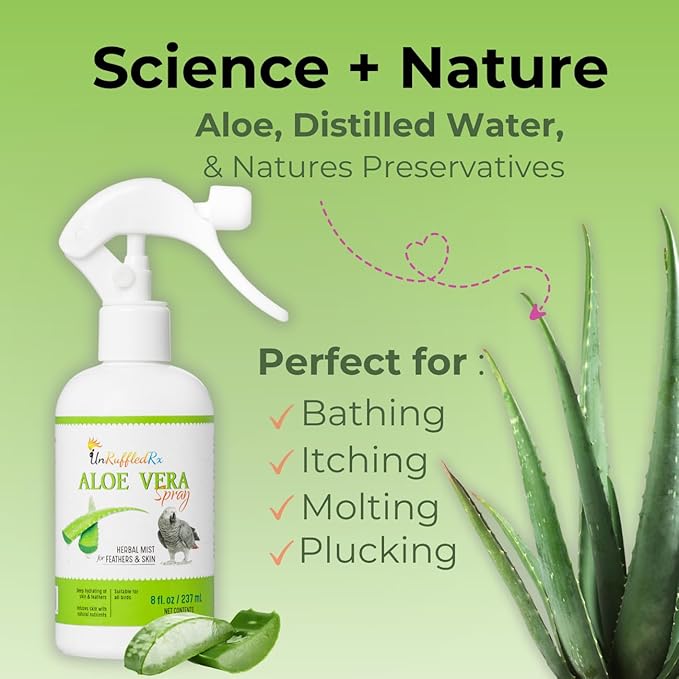 Aloe Vera Bird Spray for All Birds – Soothes Itchy Skin & Feather Plucking – 8oz Odor-Free Mist – Safe if Ingested, Daily Use – Softens Feathers – Natural Formula – Made in USA by UnRuffledRx™
