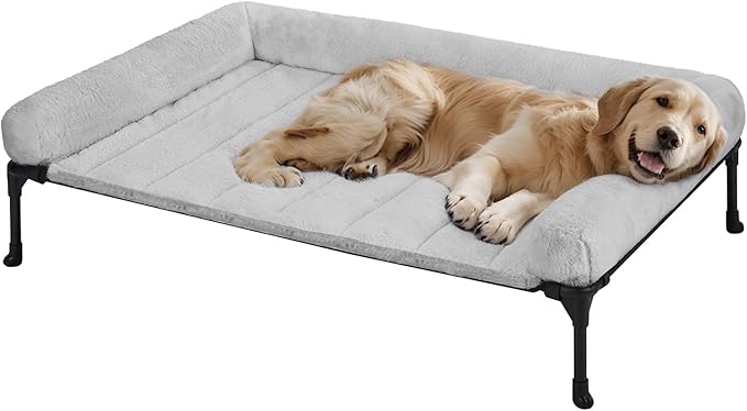 Veehoo Cooling Elevated Dog Bed with Fluffy Plush Bolster Cushion, Indoor Raised Dog Beds for Large Dogs, Soft Pet Sofa Cot with Removable Washable Mat, No-Slip Feet, 42 x 30 inches, Grey