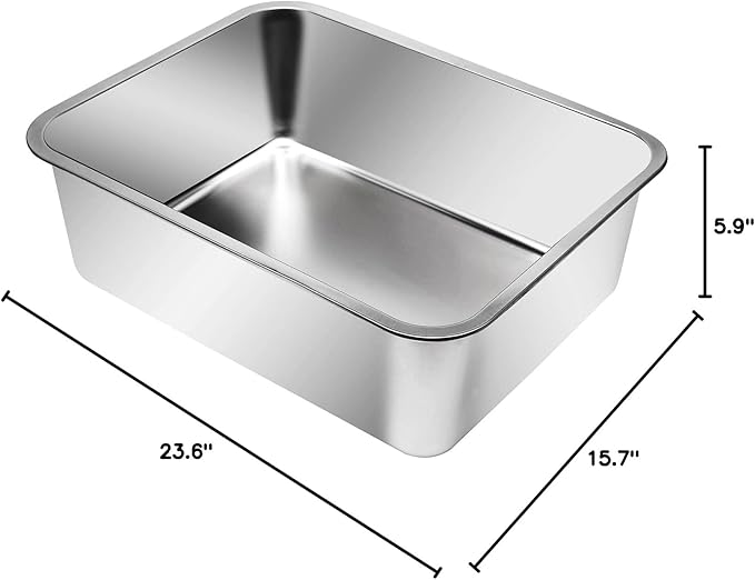 Kichwit Extra Large Stainless Steel Open Cat Litter Box with High Sides, Metal Litter Pan for Cat, 23.6 x 15.7 x 5.9 Inches
