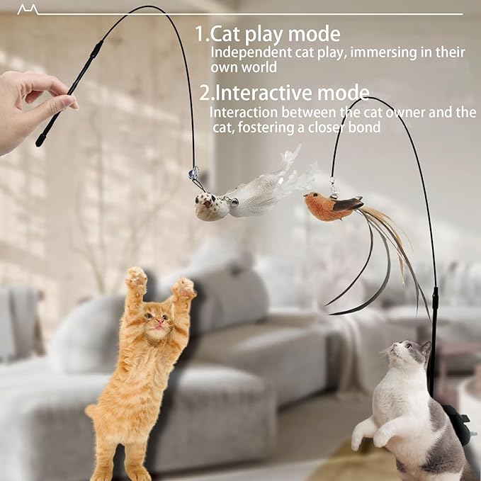 9PCS Suction Cup Cat Toy Set, Interactive Cat Toys for Indoor Cats with 2 Flexible Wands, Strong Suction Base and 3 Replacement Bird 3 Feather Toys with Bells for Kittens and Adults