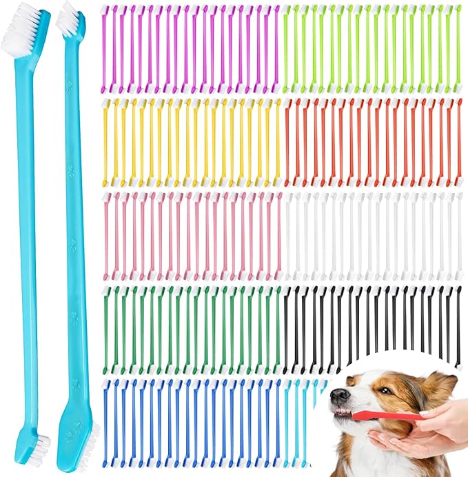 200 Pcs Dog Toothbrush Bulk Pet Double Sided Brushing Kit Long Handle Soft Bristles Dogs Tooth Brush for Small to Large Dog, Cat, Puppy & Kitten, 10 Colors