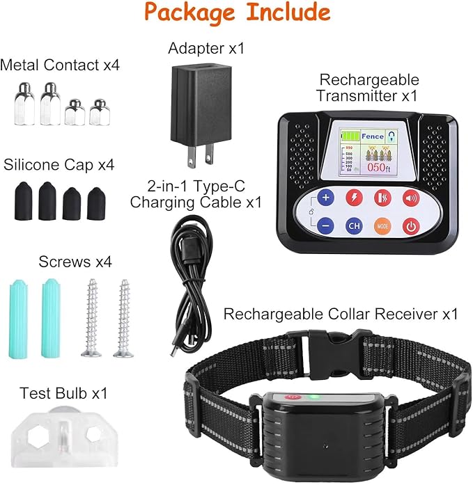 Wireless Dog Fence, 2024 Pet Boundary Containment System, Electric Dog Fence & Remote Training Collar 2in1, Adjustable Vibration & Shock, IP65 Waterproof Collar for Large and Medium Dogs ,for3dogs