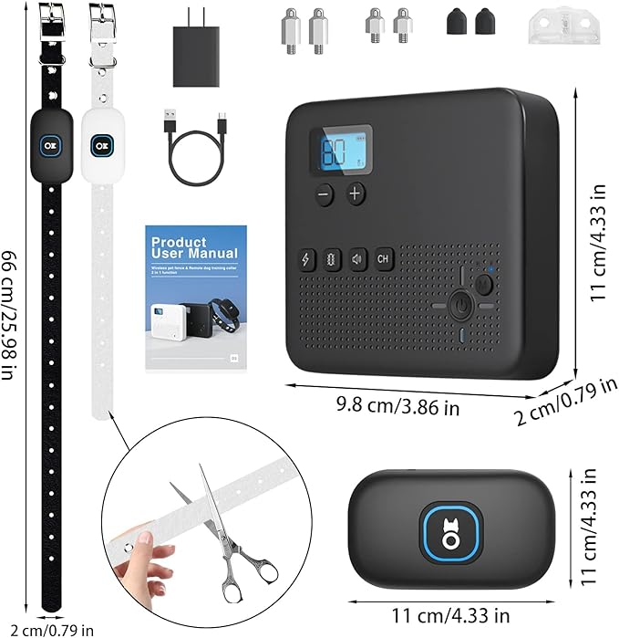 Wireless Dog Fence & Remote Training Collar, Pet Containment System with Adjustable Radius Range 16ft to 393ft, Waterproof & Rechargeable Training Collar Receivers for All Dogs (Black & White)