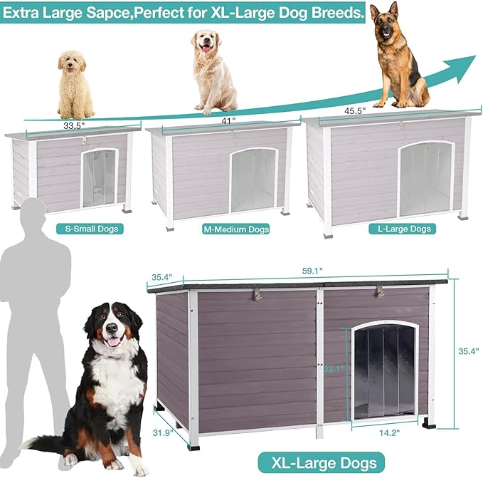59" Extra Large Outdoor Dog House with Insulated Liner,Dog Kennel with All-Around Iron Frame,Weatherproof Dog Shelter for Small to Large Sizes Dog Kennel (Brown, LH)