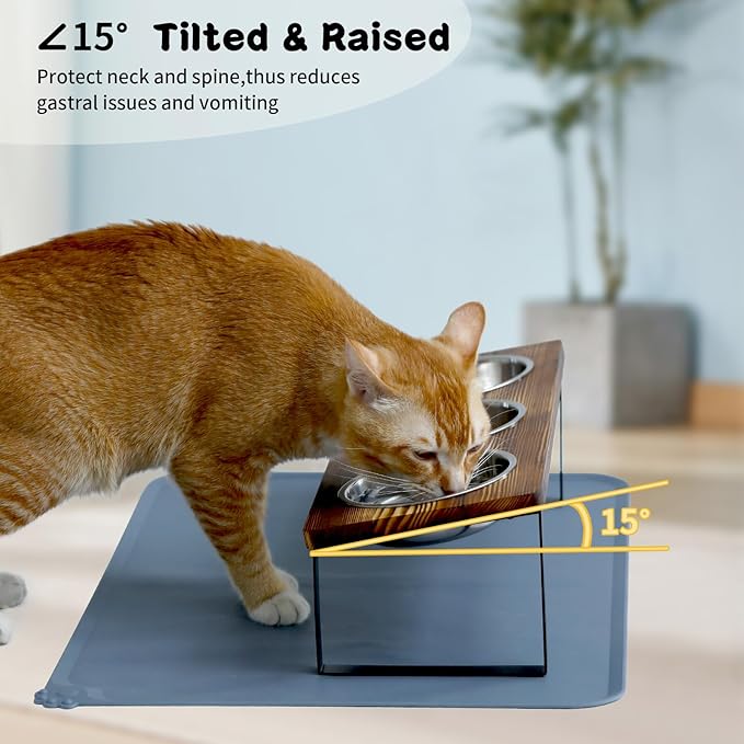 Upgraded Elevated Cat Bowls with Food Mat,15°Tilted Stand Anti Vomiting Raised Cat Dishes for Food and Water,3 Stainless Steel Bowls for Cats and Puppy(Rustic Brown)