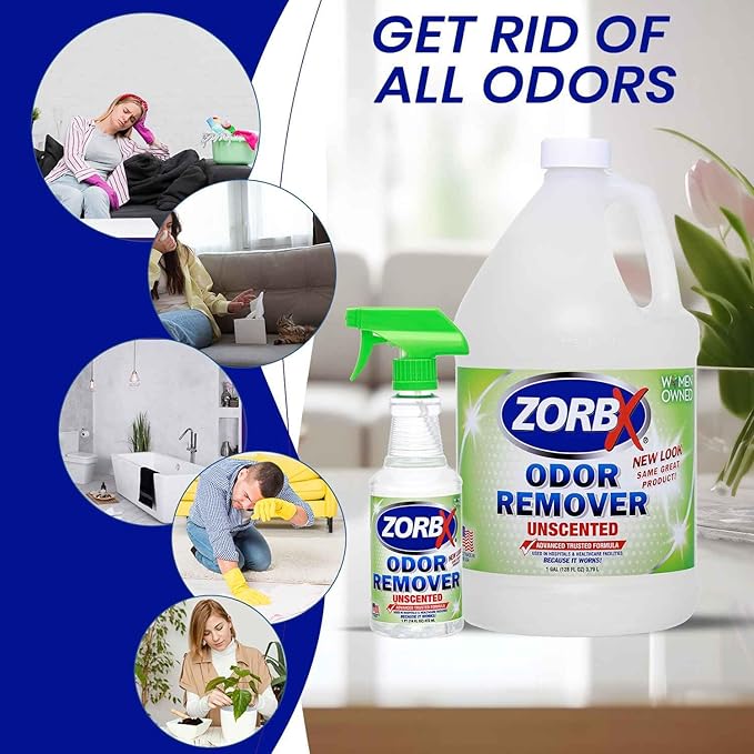 ZORBX Unscented Odor Eliminator for Strong Odor 16 Oz + 128 Oz - Used in Hospitals & Healthcare Facilities - Advanced Trusted Formula, Fast-Acting Odor Remover Spray for Dog, Cat, House & Carpet