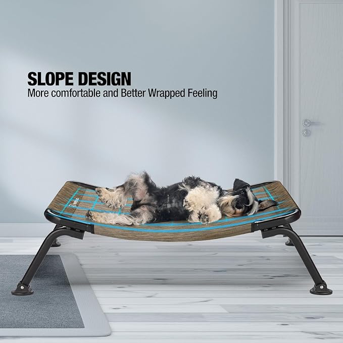 Veehoo Outdoor Elevated Dog Bed, Cooling Raised Dog Cots Beds for Medium Dogs, Portable Waterproof Curved Dogs Hammock Bed for Outside, up to 100lbs, Black Legs, Brown 32"