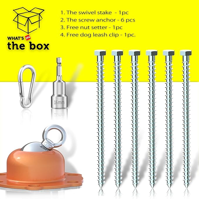 360° Swivel Dog Tie Out Stake with Upgrade 6 Screw Dog Anchors, Heavy Duty & Rust Proof Dog Stake Can Holds 1000Lbs of Pull Force, Up to 150lbs Dogs Perfect to Camping Yard Outdoor (Orange)
