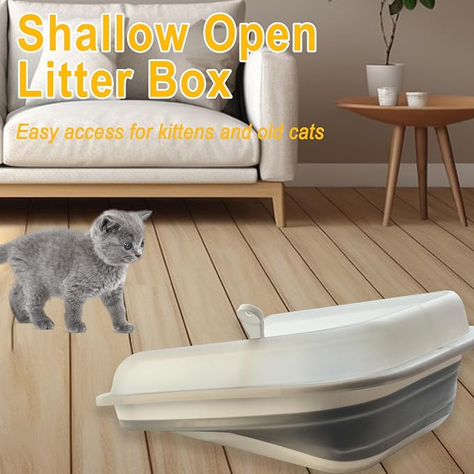 Open Cat Litter Box with High Side, 20.67 X 15.16 inch Anti-Splashing Kitty Litter Pan Collapsible Travel Litter Potty Pan Scoop Leak-Proof Pedal Cat Toilet No Smell Easy Clean (L Gray High Side)