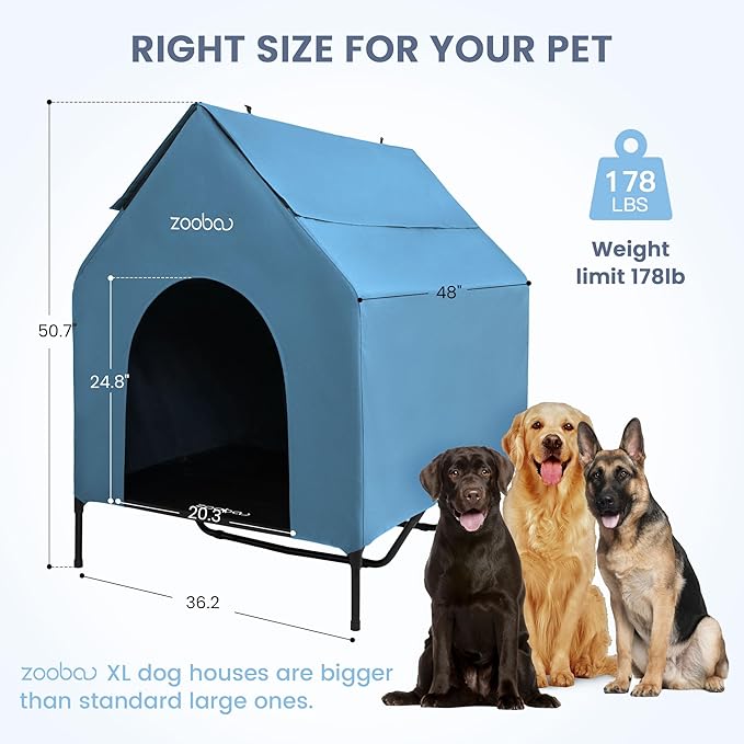 48" XL Outdoor Dog House – Weatherproof Elevated Pet Shelter, Breathable Mesh & Steel Frame, Easy to Assemble & Clean, Large Dog Houses for All Seasons (Blue)