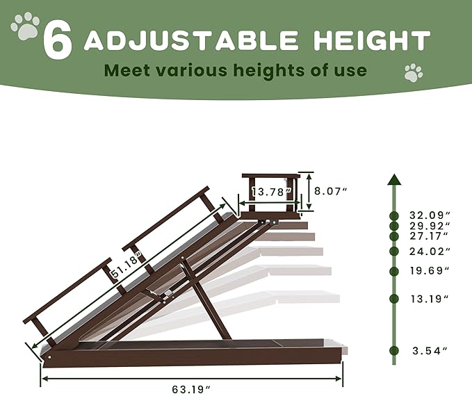 6 Level Height Adjustable Dog Ramp for Bed, Couch 65" Foldable Pet Ramp with Non-Slip Matļ¼DIY Glow Strips & Rest Platform Heavy Duty Dog Stairs for Large Dogs up to 200Lbs ļ¼Brown