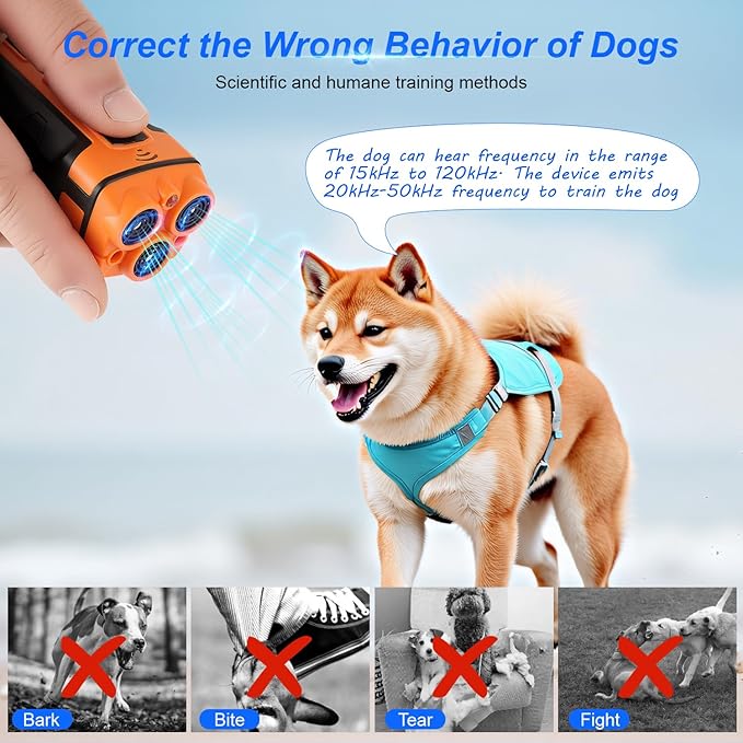 Dog Bark Deterrent Devices Anti Barking Device for Dogs 5in1 Solution for Dog Behavior Problems Safe Portable Flashlight & Beep for Small, Medium & Large Dogs Orange