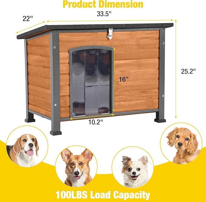 Aivituvin Dog House Outdoor & Indoor Wooden Dog Kennel for Winter with Raised Feet Weatherproof for Small & Medium & Large Dogs,Unique All-Around Iron Frame (Brown, M)
