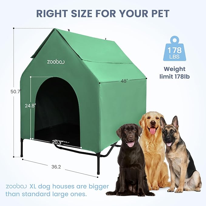 48" XL Outdoor Dog House – Weatherproof Elevated Pet Shelter, Breathable Mesh & Steel Frame, Easy to Assemble & Clean, Large Dog Houses for All Seasons (Green)