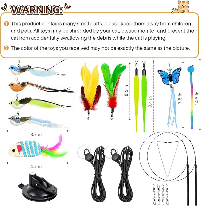 HONGDDY Interactive Bird Simulation Cat Toys,4 in 1 Cat Toys for Indoor Cats, 4 Replacement Birds,Hanging Door Kitten Wand with Suction Cup Removable Feathers Balls Mice Butterfly Streamers
