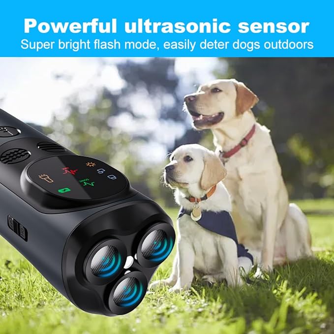 Ultrasonic Dog Bark Deterrent Device with LED Flashlight & Rechargeable Battery, 20ft Range Anti Barking Control for Indoor/Outdoor Use, Safe Alternative to Shock Collars(Three-Headed)
