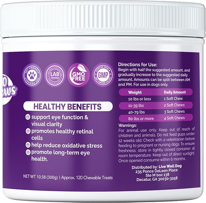 Vision Support Soft Chews for Dogs – Lutein, Zeaxanthin, DHA & Antioxidants for Eye Health, 120 Count
