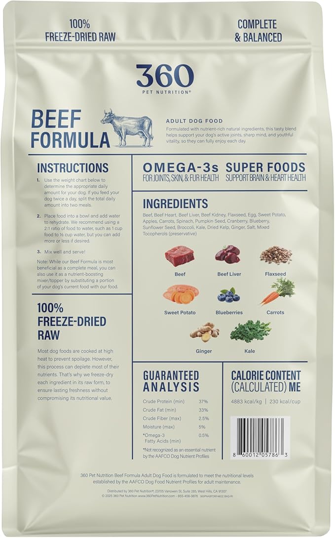 360 Pet Nutrition Raw Freeze-Dried Dog Food, High Protein, Balanced Meal, Chicken, Liver, Heart, Fruit, Veggies, Superfoods, No Fillers (3 Pound (Pack of 1), Beef)