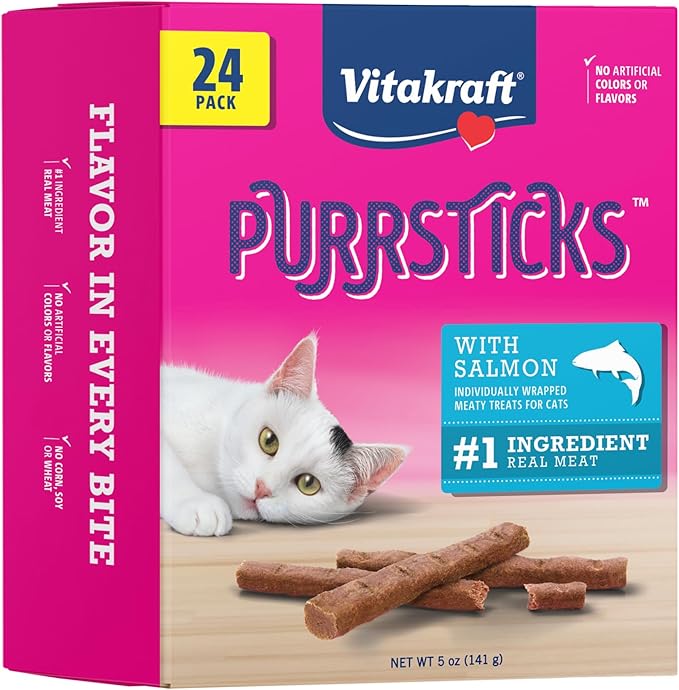 Vitakraft PurrSticks for Cats - Nutritious & Healthy Soft Cat Treats - Gently Oven Roasted Meat Sticks for Cats w/ 70% Meat - Easy-to-Serve Cat Chew Sticks (Chicken with Salmon, 4 Box Pack)